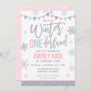 Winter ONEderland Birthday Invitation Pink Silver