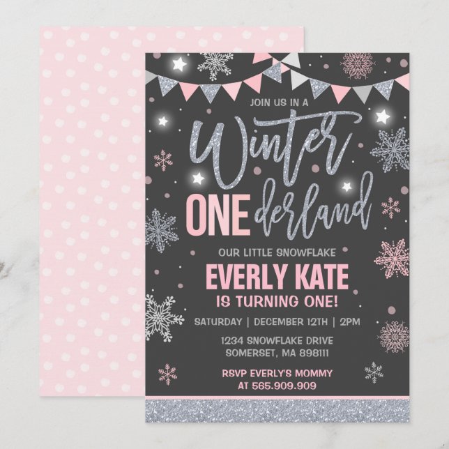 Winter ONEderland Birthday Invitation Pink Silver (Front/Back)