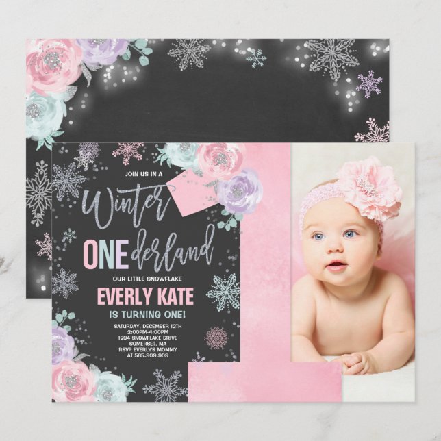 Winter ONEderland Birthday Invitation Pink Silver (Front/Back)