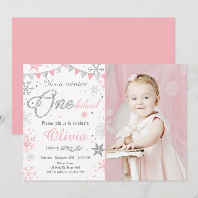 Winter Onederland birthday invitation Pink silver (Front/Back)