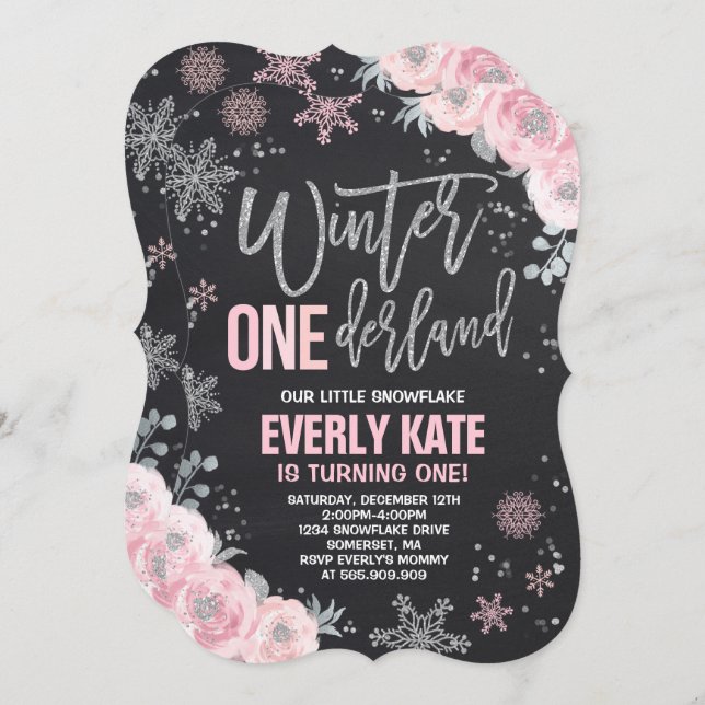 Winter ONEderland Birthday Invitation Pink Silver (Front/Back)