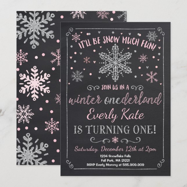 Winter ONEderland Birthday Invitation Pink Silver (Front/Back)