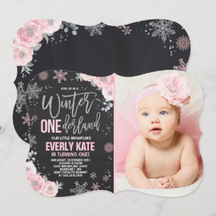 Winter ONEderland Birthday Invitation Pink Silver