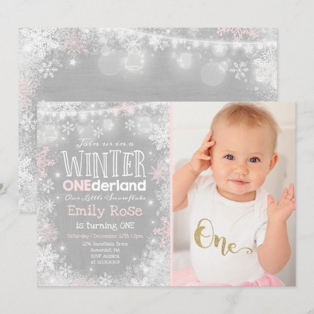 Winter ONEderland Birthday Invitation Pink White (Front/Back)