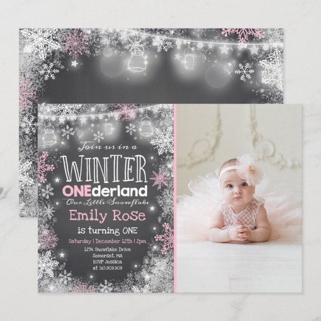 Winter ONEderland Birthday Invitation Pink White (Front/Back)