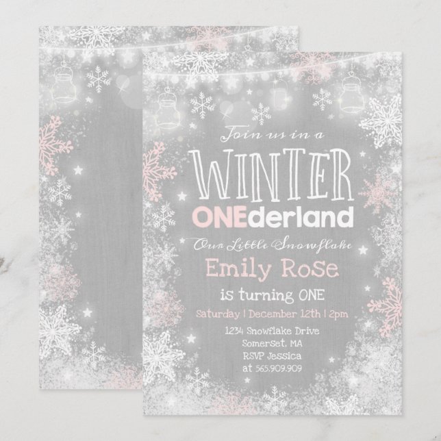 Winter ONEderland Birthday Invitation Pink White (Front/Back)