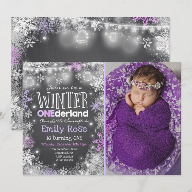 Winter ONEderland Birthday Invitation Purple White (Front/Back)