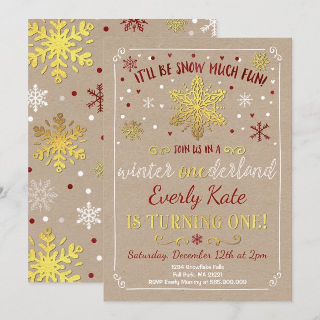 Winter ONEderland Birthday Invitation Red & Gold (Front/Back)