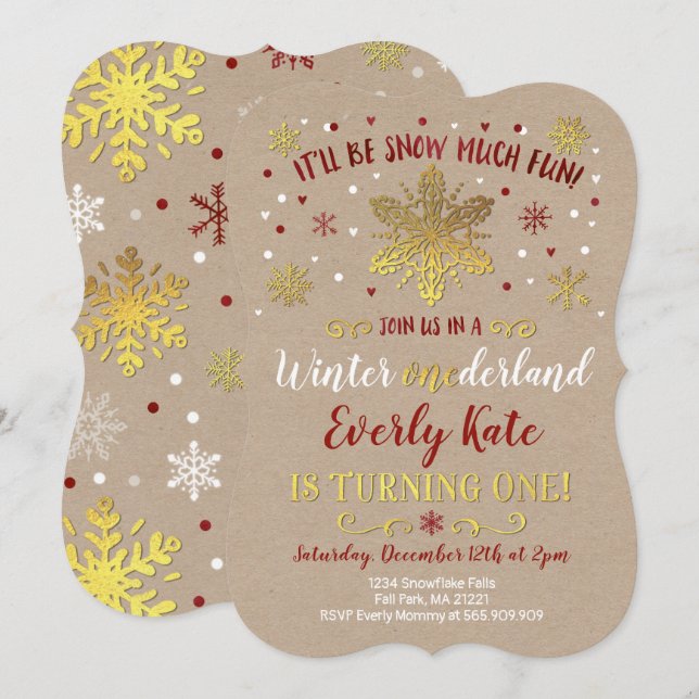 Winter ONEderland Birthday Invitation Red & Gold (Front/Back)