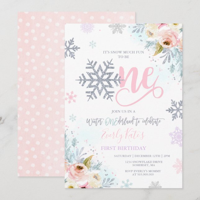 Winter ONEderland Birthday Invitation Silver Pink (Front/Back)