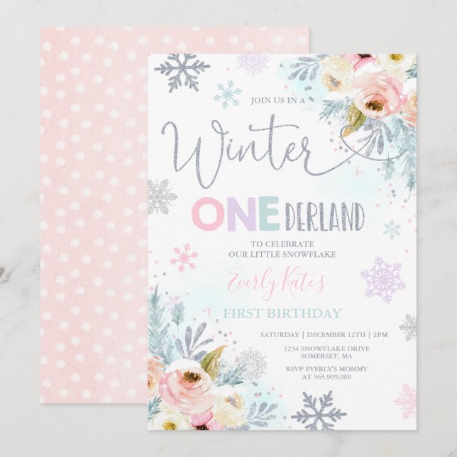Winter ONEderland Birthday Invitation Silver Pink (Front/Back)