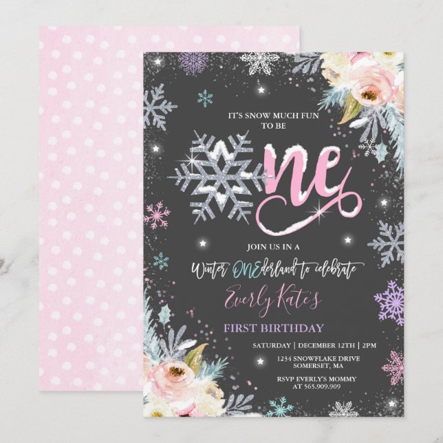 Winter ONEderland Birthday Invitation Silver Pink (Front/Back)