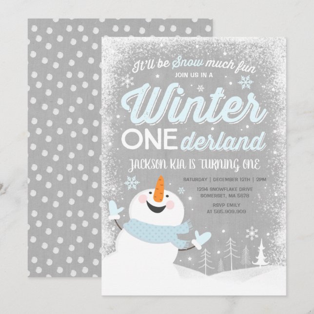 Winter ONEderland Birthday Invitation Snowman Blue (Front/Back)