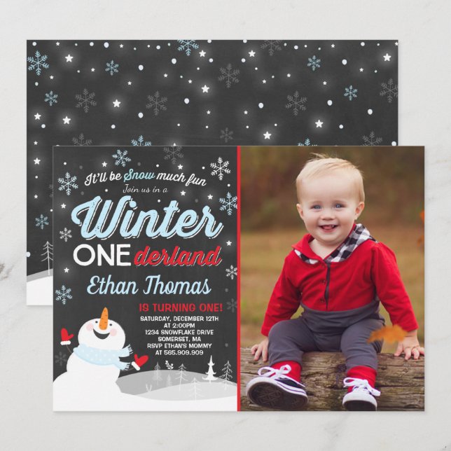 Winter ONEderland Birthday Invitation Snowman Blue (Front/Back)