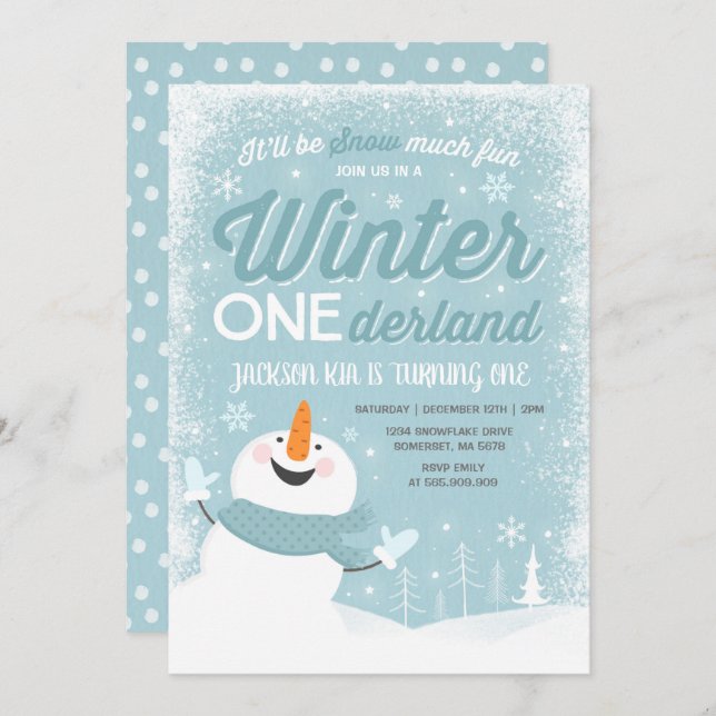 Winter ONEderland Birthday Invitation Snowman Blue (Front/Back)