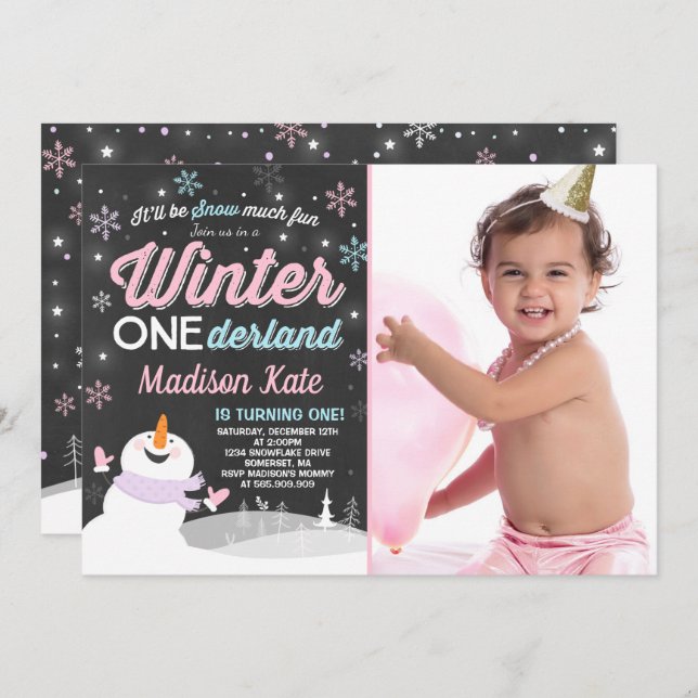 Winter ONEderland Birthday Invitation Snowman Pink (Front/Back)