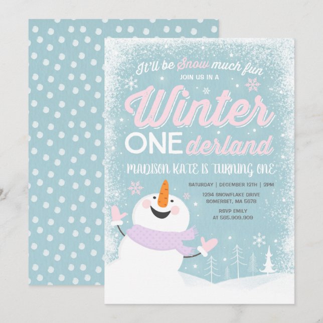 Winter ONEderland Birthday Invitation Snowman Pink (Front/Back)