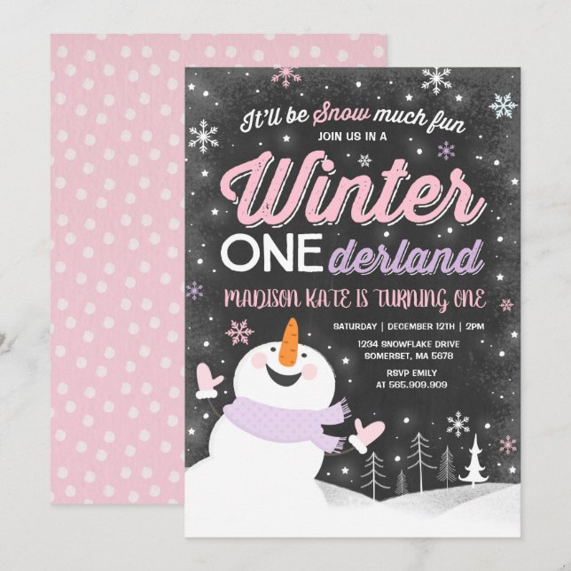 Winter ONEderland Birthday Invitation Snowman Pink (Front/Back)