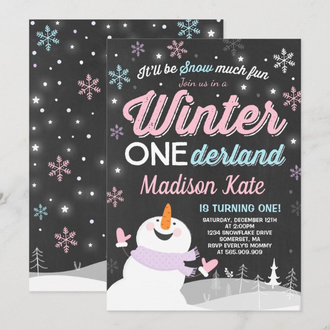 Winter ONEderland Birthday Invitation Snowman Pink (Front/Back)