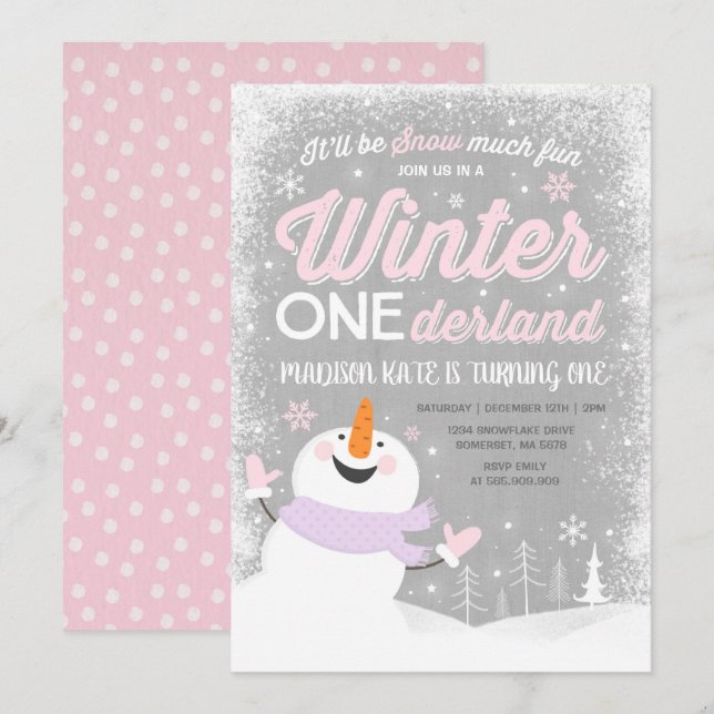 Winter ONEderland Birthday Invitation Snowman Pink (Front/Back)