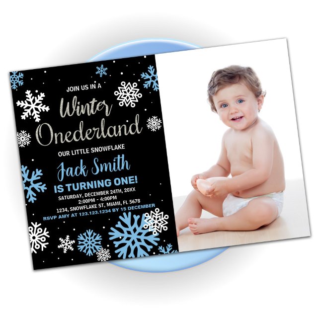 Winter Onederland Birthday Invitations Black Photo (Winter Onederland Birthday Invitations Black Photo)