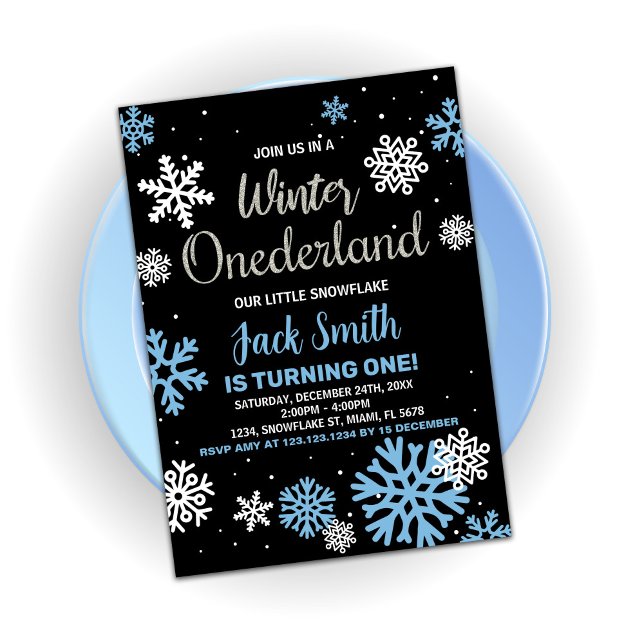 Winter Onederland Birthday Invitations Blue Black (Winter Onederland Birthday Invitations Blue Black)