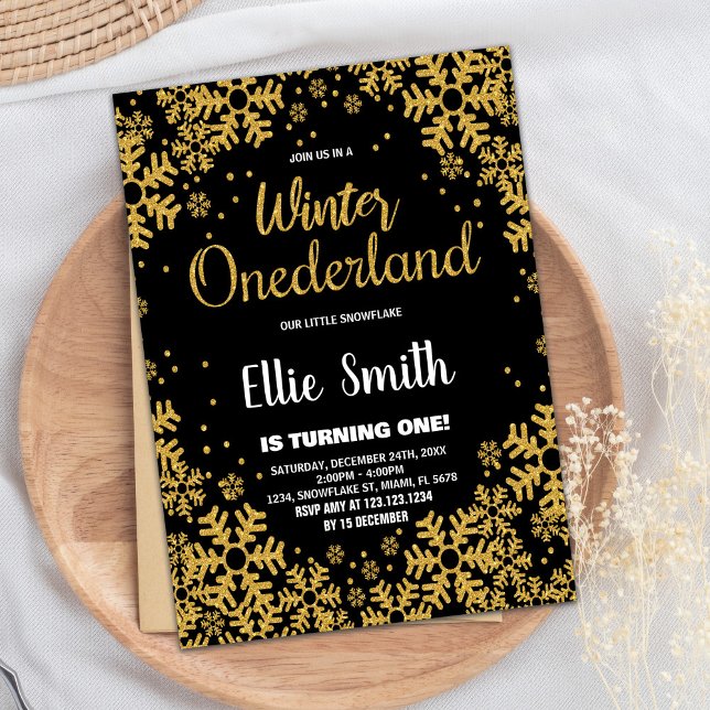 Winter ONEderland Birthday Invitations Gold Black (Winter ONEderland Birthday Invitations Gold Black)