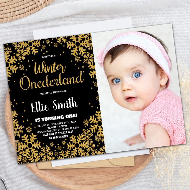 Winter ONEderland Birthday Invitations Gold Photo (Winter ONEderland Birthday Invitations Gold Photo)