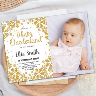 Winter ONEderland Birthday Invitations Gold Photo