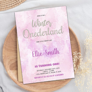Winter ONEderland Birthday Invitations Pink Art