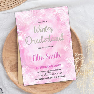 Winter ONEderland Birthday Invitations Pink Glitte