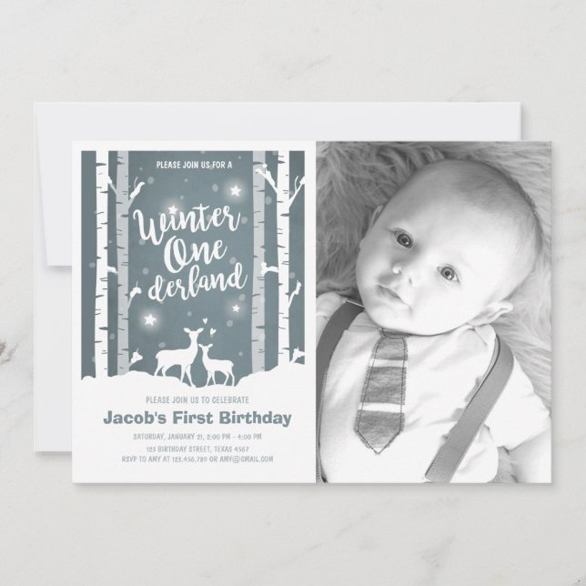 Winter Onederland birthday invite Deer Birch Trees (Front)