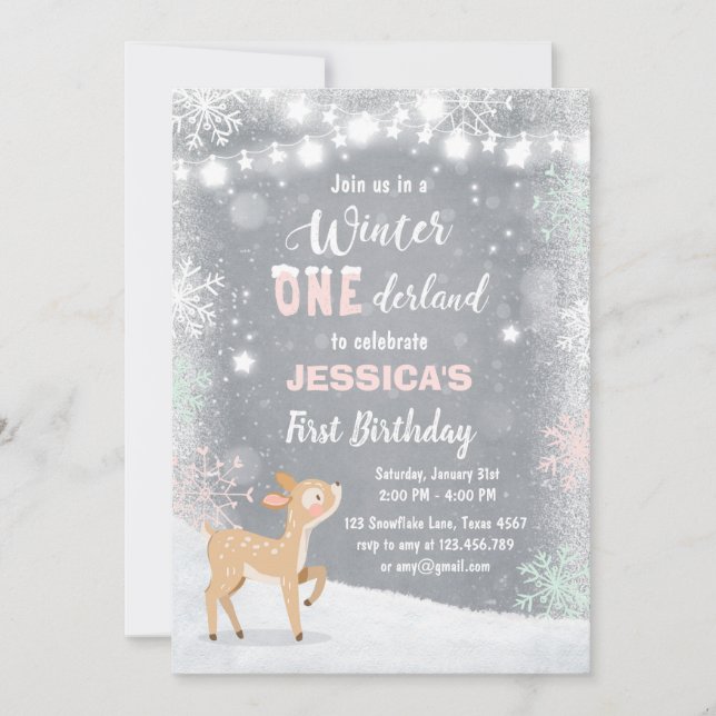 Winter Onederland birthday invite Mint pink deer (Front)