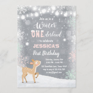 Winter Onederland birthday invite Mint pink deer