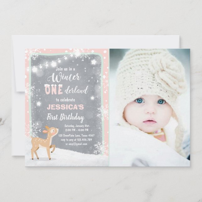 Winter Onederland birthday invite Mint pink deer (Front)