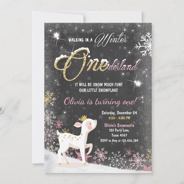 Winter Onederland birthday invite pink Gold deer (Front)
