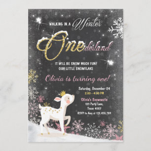 Winter Onederland birthday invite pink Gold deer
