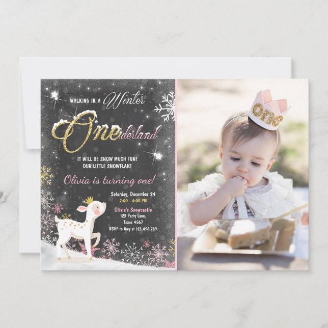 Winter Onederland birthday invite pink Gold deer (Front)