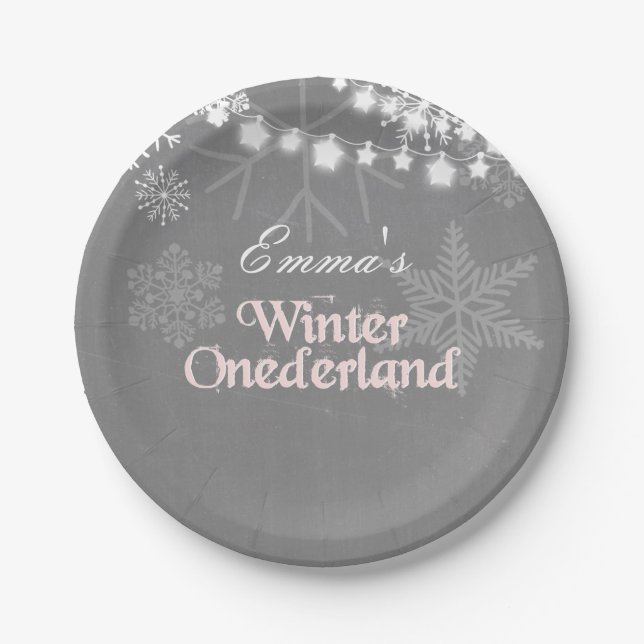 Winter onederland Birthday Paper Plates Snowflakes (Front)