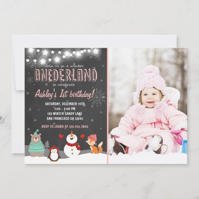 Winter ONEderland birthday party invitation pink (Front)