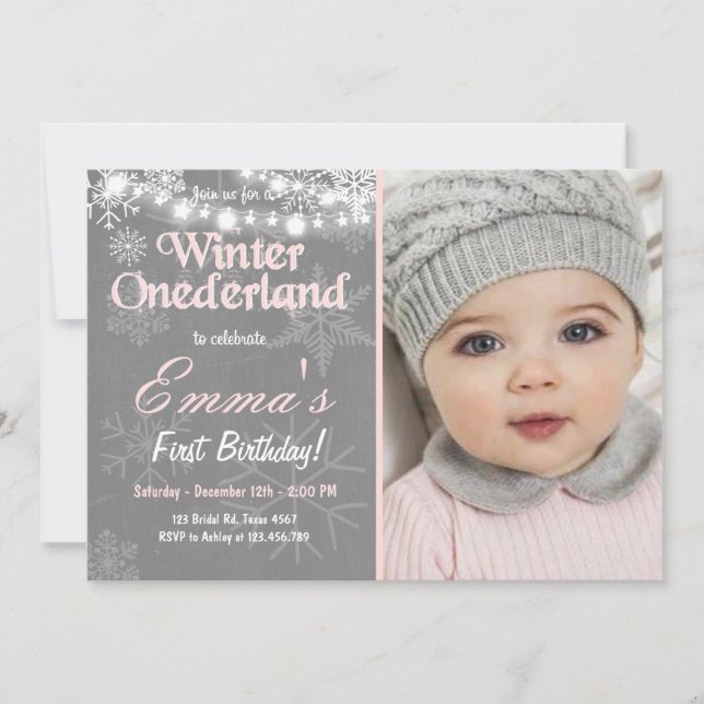 Winter Onederland birthday party invite (Front)