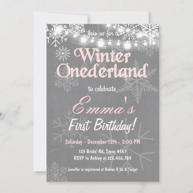 Winter Onederland birthday party invite (Front)