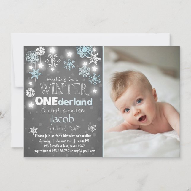 Winter Onederland birthday party invite Blue boy (Front)