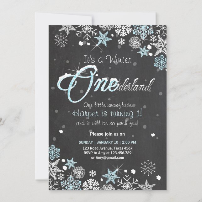 Winter Onederland birthday party invite Blue white (Front)