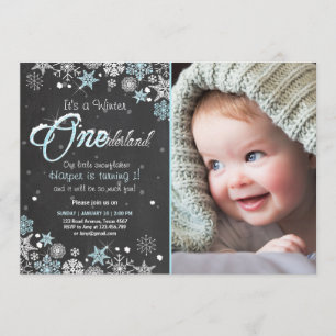 Winter Onederland birthday party invite Blue white