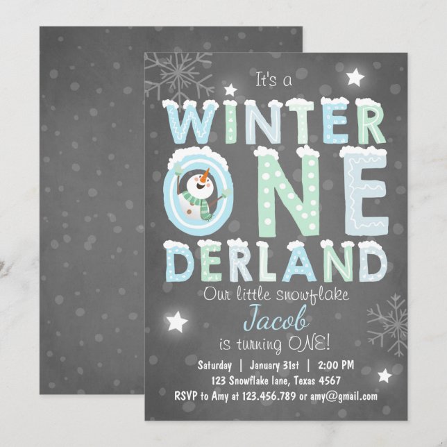Winter Onederland birthday party invite Boy Blue (Front/Back)