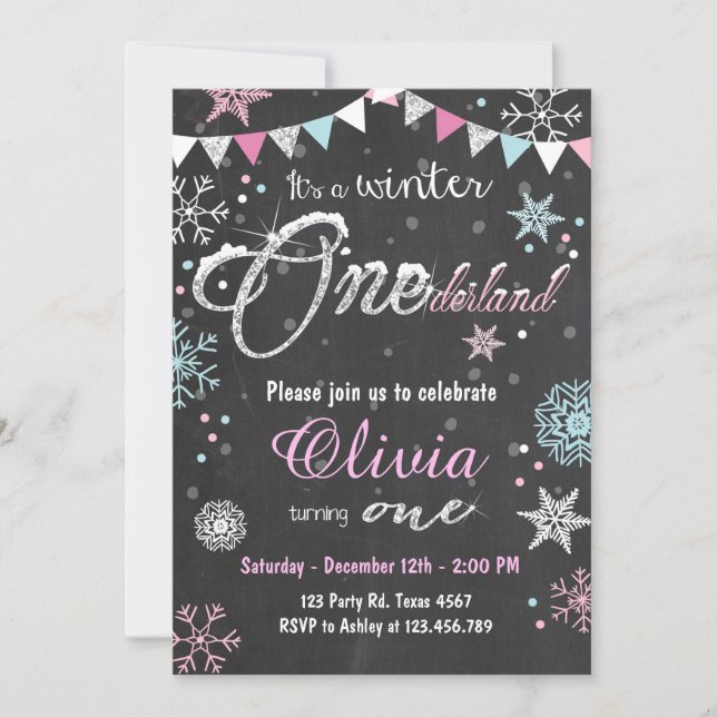 Winter Onederland birthday party invite Girl (Front)