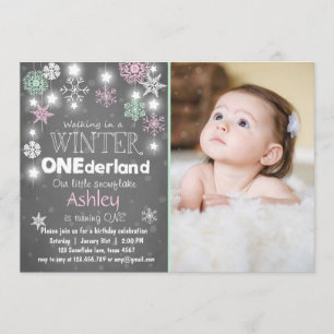 Winter Onederland birthday party invite Mint pink