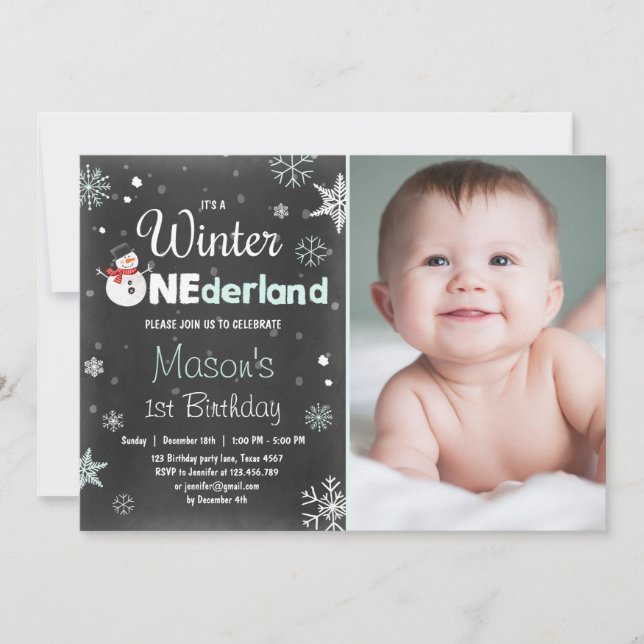 Winter Onederland birthday party snowman Mint Blue Invitation (Front)