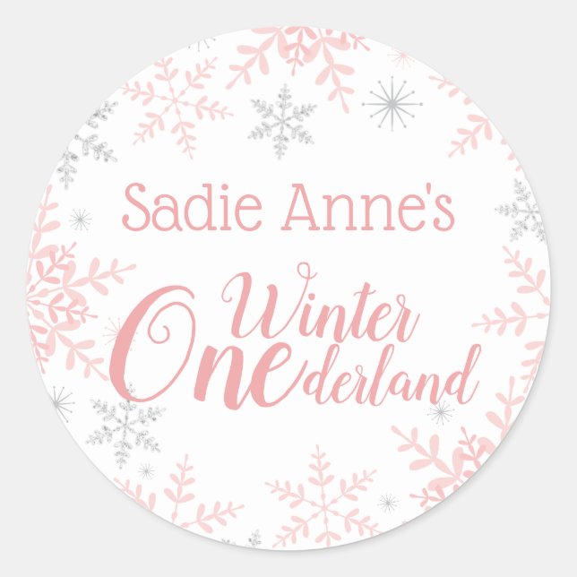 Winter ONEderland Birthday Pink Silver Glitter Classic Round Sticker (Front)